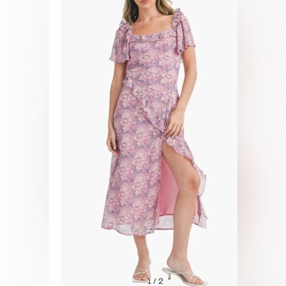 Pink Floral Ruffle Midi Dress With Short Sleeves & Side Slit - Womens Fashion - Picture 1 of 11